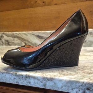 Lilly Pulitzer Peep Toe Glitter Wedge Black Dress Shoes Heels Size 8.5